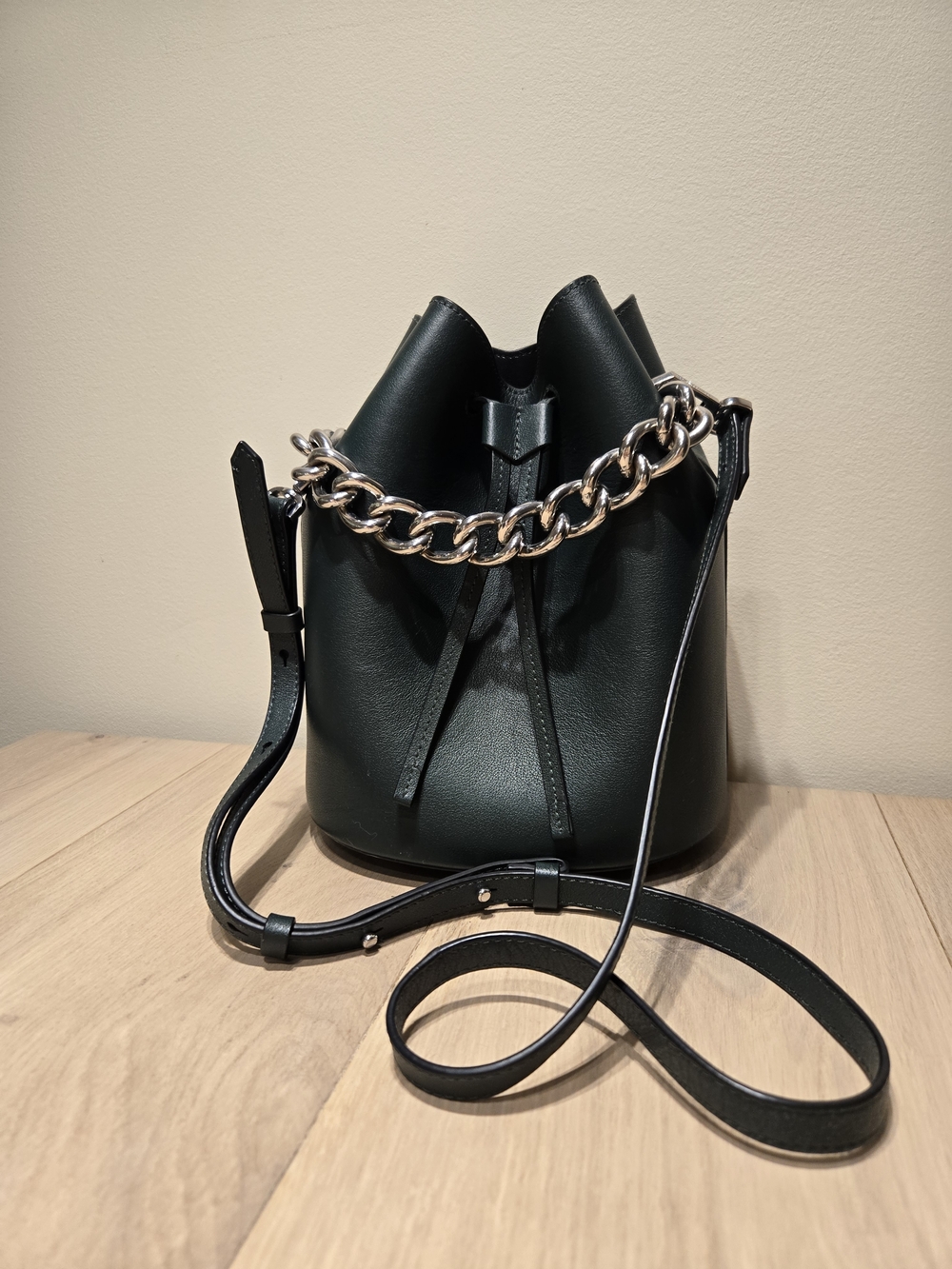 Dark Green Leather Bucket Bag